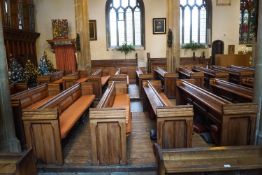 A Victorian pine pew with triple paneled back 83cm high, 278cm wide, 46.