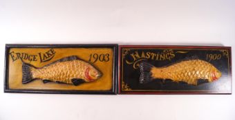 A pair of matched plain rectangular composite wall panels of fishing trophies,