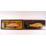 A pair of matched plain rectangular composite wall panels of fishing trophies,