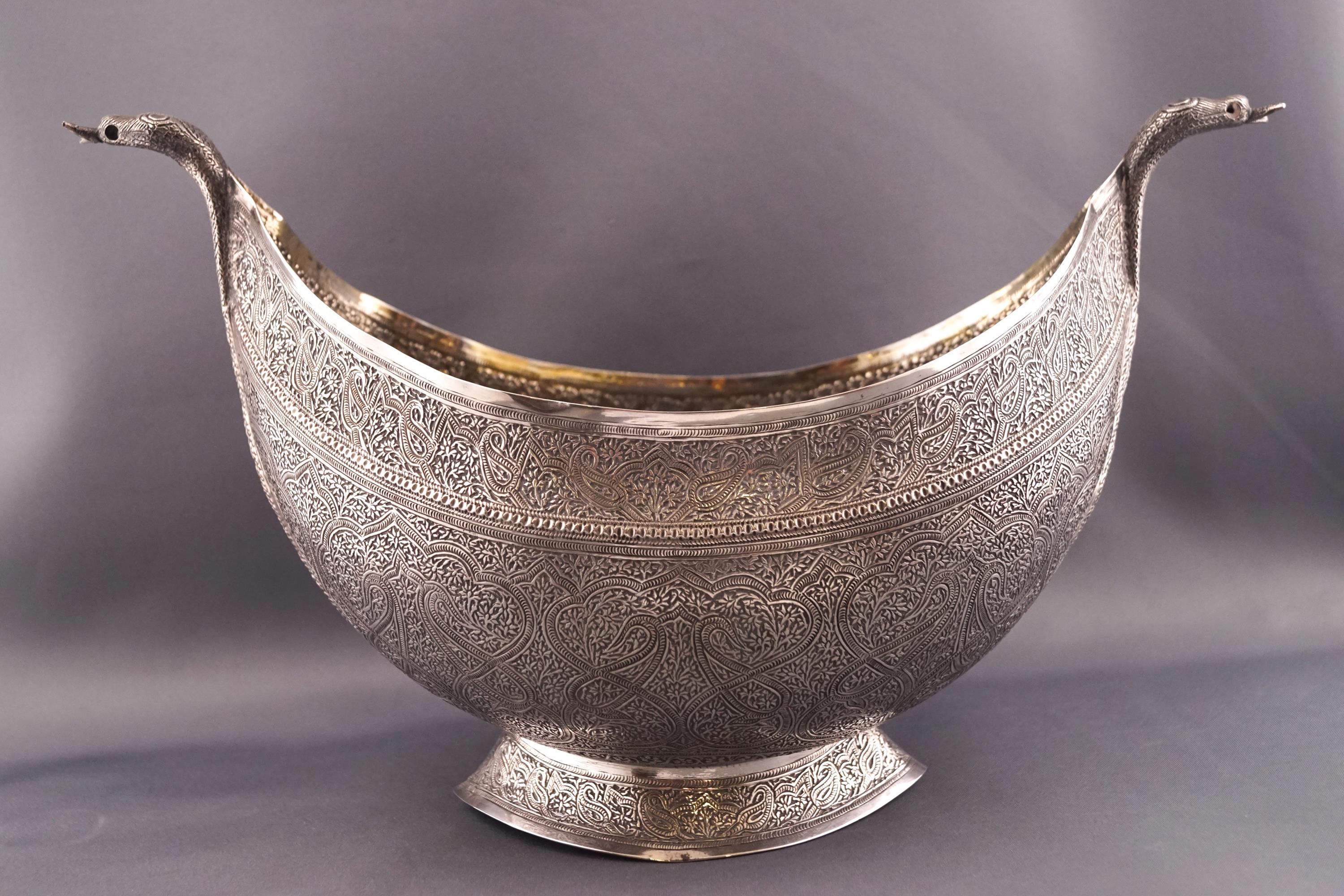 A Kashmiri navette shaped bowl, reportedly from Gulmarg in the western Himalayas and dated 1902,