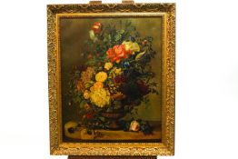 Dutch School, Still Life with flowers, over painted print, 70cm x 56cm.