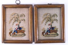 Two Victorian woolwork pictures of a young boy with a tree,