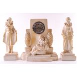 A 1930's composition garniture set of a clock with a pierrot playing an accordion 21cm high and two