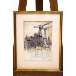 Laurence Irving, Docks, Pencil, watercolour and bodycolour, signed and dated 26 lower right,