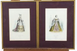 A pair of fashion prints, painted in watercolour, 25cm x 16cm,