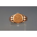 A rose metal signet ring. Hallmarked 9ct gold, Birmingham, 1914.