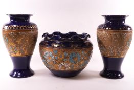 A pair of Victorian Royal Doulton Brocade stoneware vases