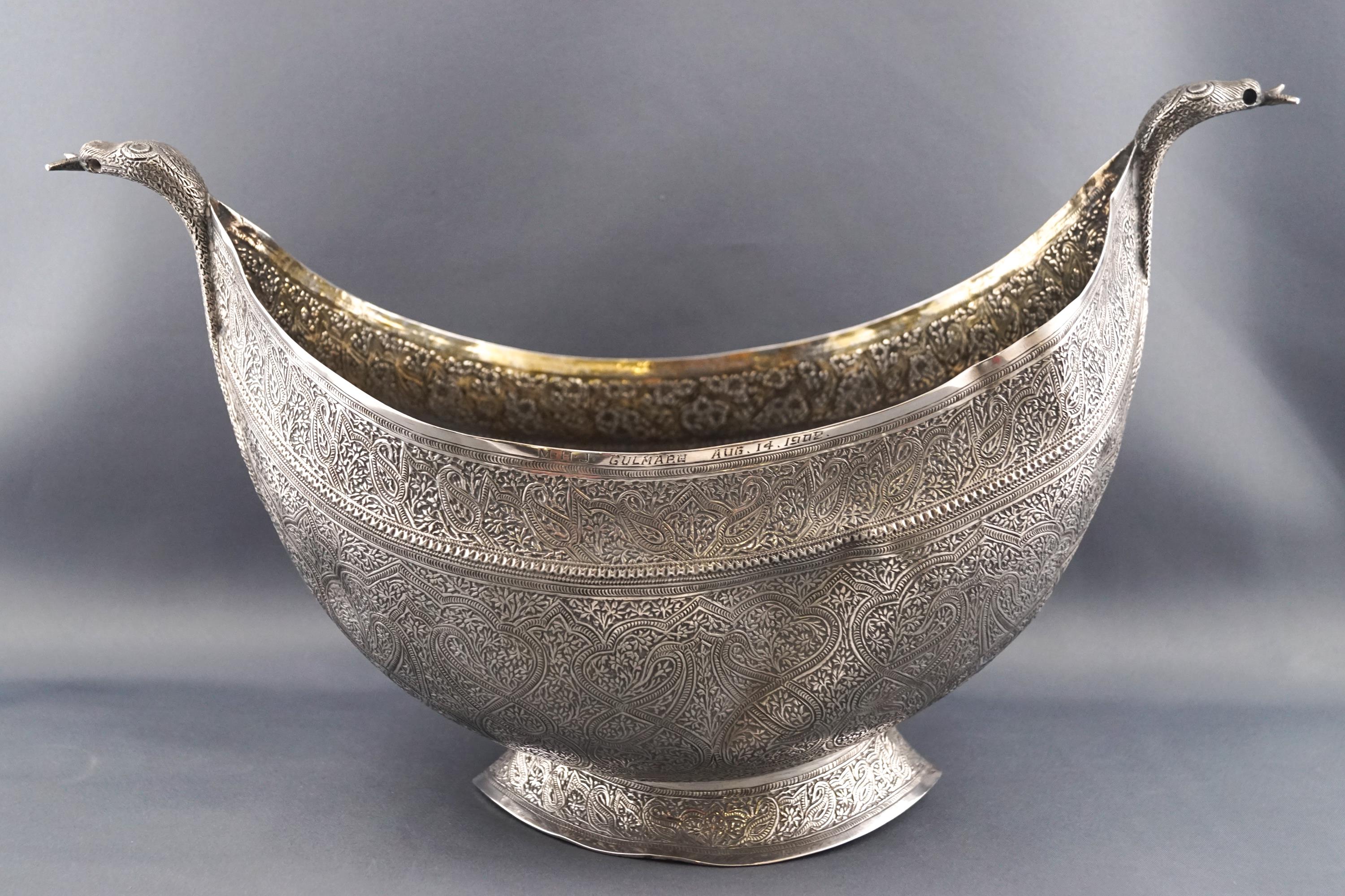 A Kashmiri navette shaped bowl, reportedly from Gulmarg in the western Himalayas and dated 1902, - Image 2 of 2