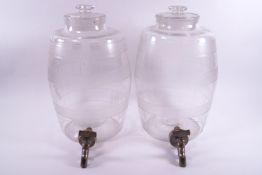 A pair of 19th century glass spirit barrels, with cut and acid etched decoration,