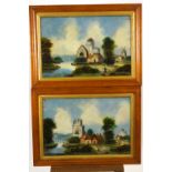 A pair of 19th century naive school, Verre Ecromise paintings of rural lake scenes, 39cm x 60cm,
