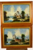 A pair of 19th century naive school, Verre Ecromise paintings of rural lake scenes, 39cm x 60cm,