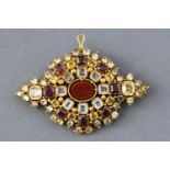 A 19th century yellow metal multi gem set brooch set with a selection of aquamarines, garnet,