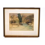 Laurence Irving, Continental landscape, watercolour and bodycolour, signed with monogram lower left,
