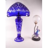 A Polish blue flashed and cur glass table lamp of mushroom domed shade style