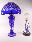 A Polish blue flashed and cur glass table lamp of mushroom domed shade style