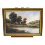 20th century Continental School, Barn by a lake, oil on canvas,