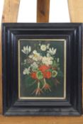 Spring flowers, oil on board, signed E B ? to back in pencil,