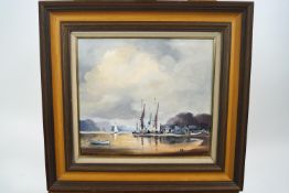 John Snelling, 'Barges Moored', oil on board, signed lower left,