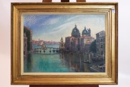 Laurence Irving, Venice, Pontoon Bridge, acrylic on board, signed with monogram lower right,