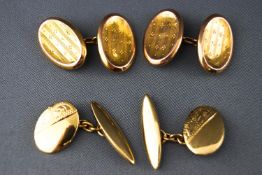 A collection of two pairs of yellow metal chain link cufflinks with engraved designs.
