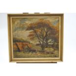 C P Ede, Rural scene with trees and a barn, oil on canvas, signed lower right and dated 1934,