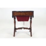 A Victorian burr walnut work table with shaped top with folding side over a plain fitted drawer