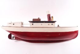 A child's model pond boat of a small steam yacht with a loaded carvel hull and teak deck set with