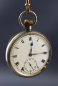 A white base metal open face pocket watch. Manual wind movement, signed Doxa.