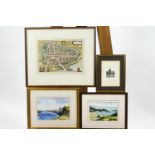 A group of four assorted prints, including an etching of Prague, signed in pencil, 5.5cm x 4.