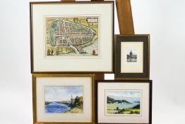 A group of four assorted prints, including an etching of Prague, signed in pencil, 5.5cm x 4.