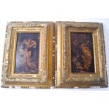 A pair of 19th century pre-Raphaelite style over painted prints in gilt gesso frames,