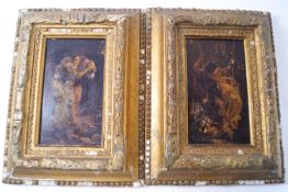 A pair of 19th century pre-Raphaelite style over painted prints in gilt gesso frames,