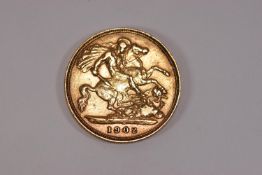 A loose half sovereign coin, dated 1902.