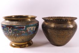 A large Asian brass and cloisonne (possibly Malayan) planter,