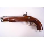 A reproduction percussion cap single barrel pistol, the hardwood stock with a brass set stock end,