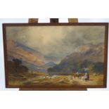 English School, mid 19th century, Figures and sheep in an extensive landscape,