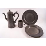 An 18th century pewter coffee pot with fruit wood handle, 25cm high,