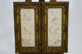 A gilt framed pair of composite marble panels of classical nymphs with purn 43cm x 15cm