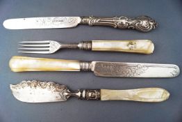 A fruit/dessert set with mother of pearl handles, engraved with strap work and floral motifs,