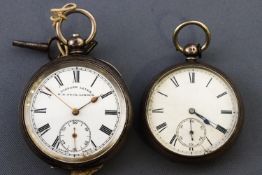 Two pocket watches : One as open face with white Roman dial and blue hands (glass cracked)