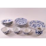A blue and white decorated Meissen part coffee service, of elongated pointed quatrefoil shape....