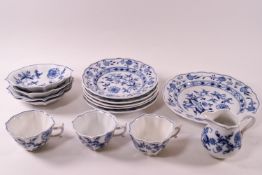 A blue and white decorated Meissen part coffee service, of elongated pointed quatrefoil shape....