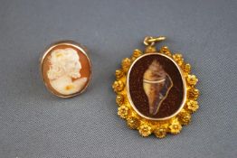 A yellow metal ring set with a carved cameo, size F, tested as 9ct gold.