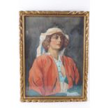 A half portrait watercolour of a European Lady in Arab headress,