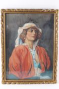 A half portrait watercolour of a European Lady in Arab headress,