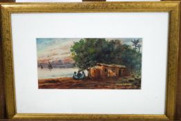 G H Dettimi (?), On the banks of the Nile, watercolour, signed lower right, 10.5cm x 21cm