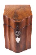 A George III mahogany and satin wood veneered shaped knife box of traditional form