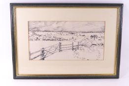 David Fisher, Snow on the Mendips, pen and ink, signed lower left and dated '88,