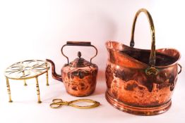 An 18th century copper warming pan, 110cm high, together with ....
