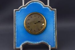 A silver Basse Taille and Guilloche enamel fronted Art Deco style boudoir clock